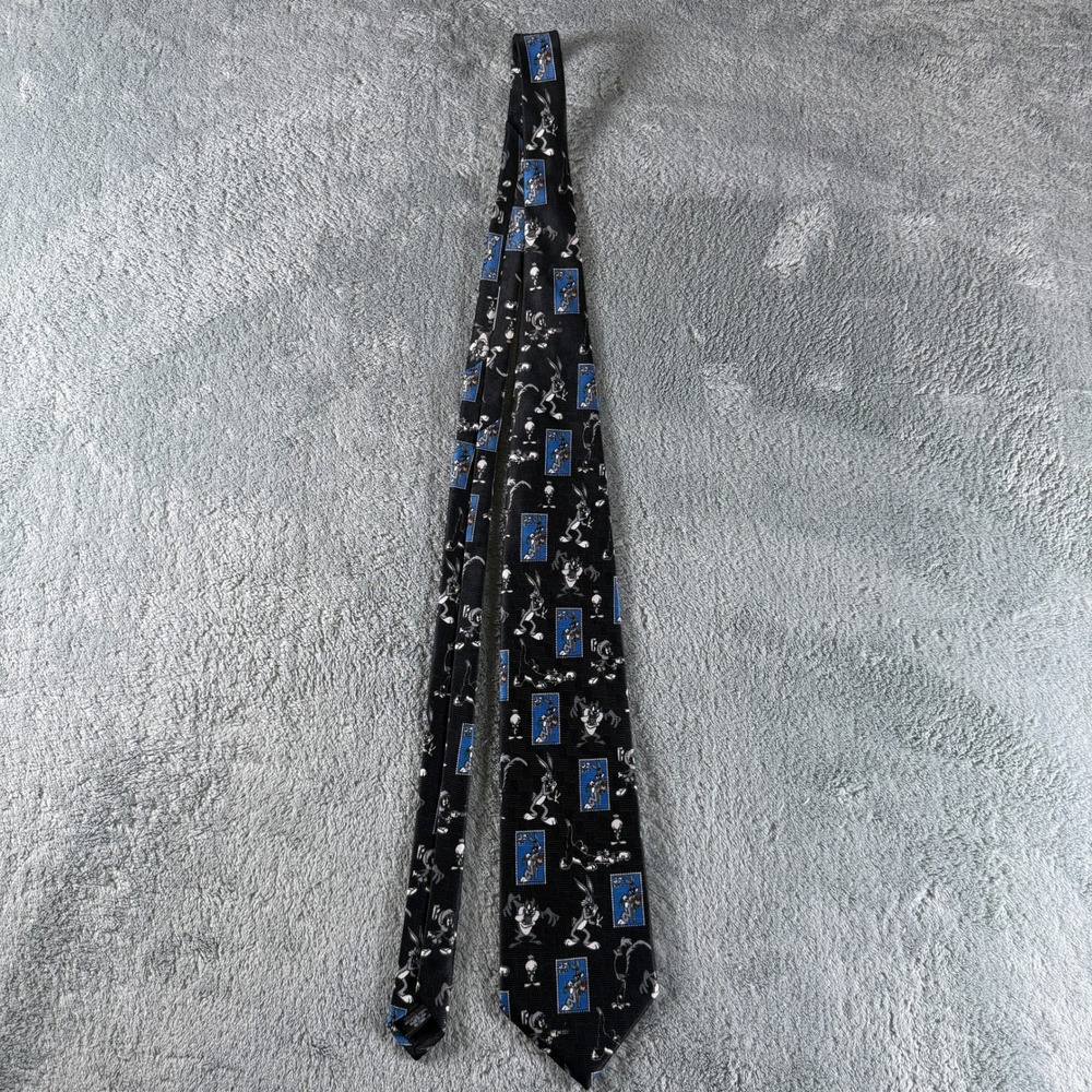 Vintage 1997 Looney Tunes Stamp Collection Tie Bugs Bunny Marvin Martian Black
